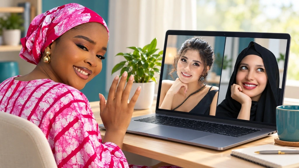 A woman waving to two participants during a video conversation on a laptop.