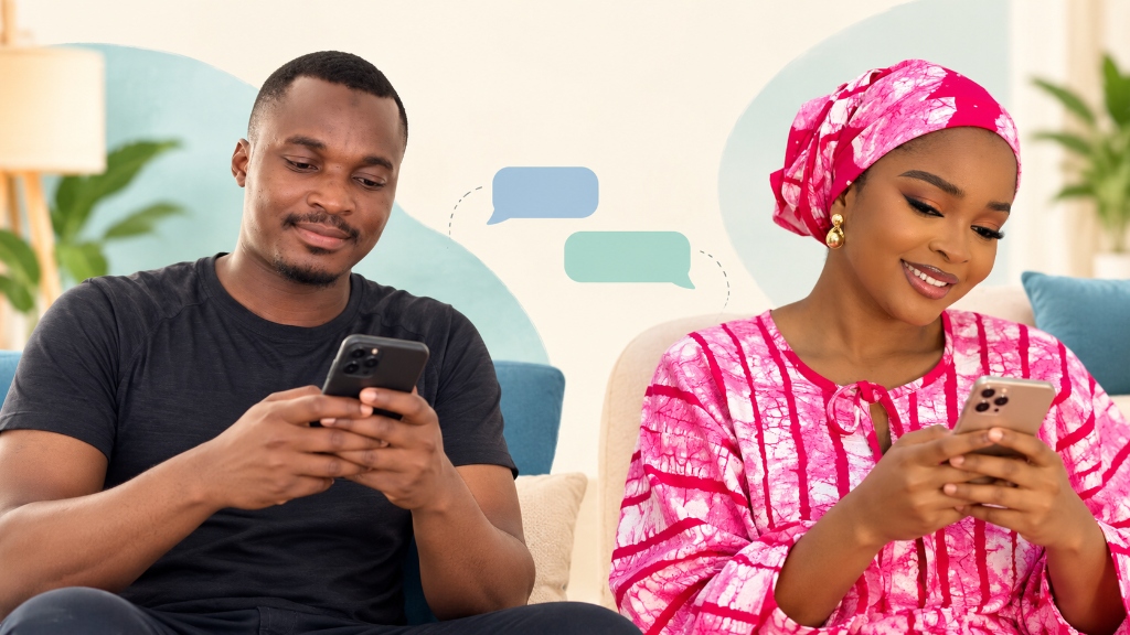 Two people sitting comfortably together on a couch, smiling while exchanging text messages on their smartphones