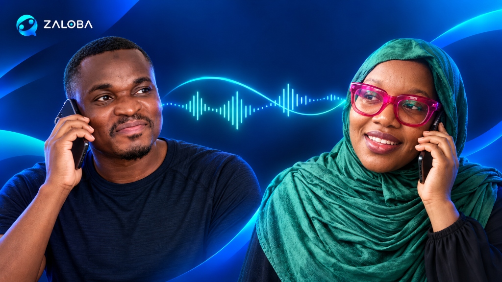 Two individuals engaged in a voice conversation on mobile phones with visual audio soundwaves and Zaloba branding